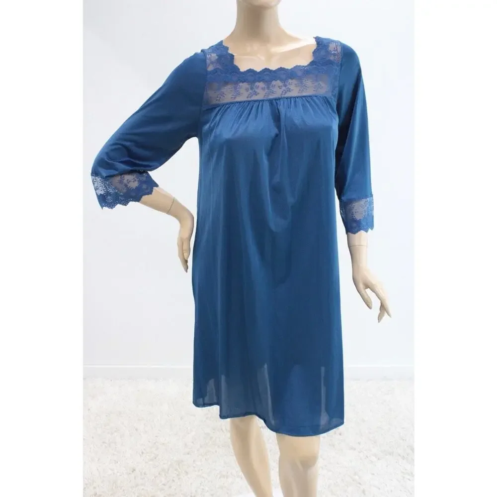 Vtg Deena Nylon Nightgown Blue Lace Illusion Neckline 3/4 Sleeve Lingerie Small